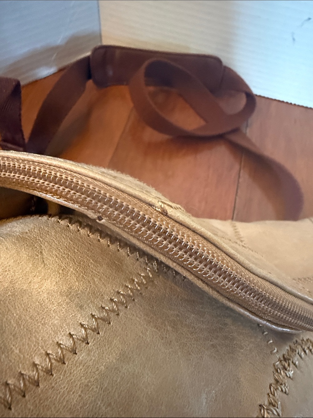 The Sak Deena fold-over crescent crossbody bag. tan leather peace sign stitch - Picture 3 of 11